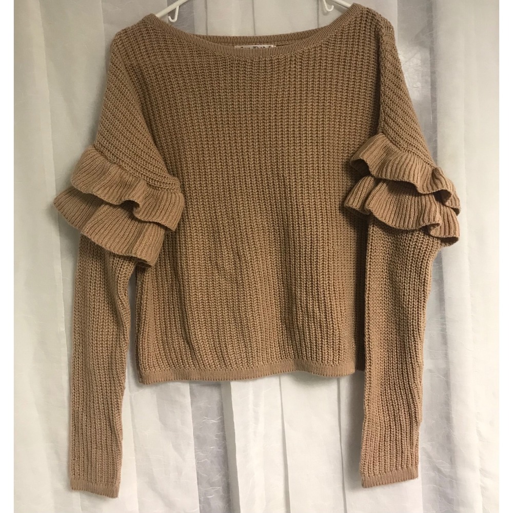 Say What? Womens Tan Ruffle Sleeve Chunky Knit Sweater Boat Neck Camel‎ Small